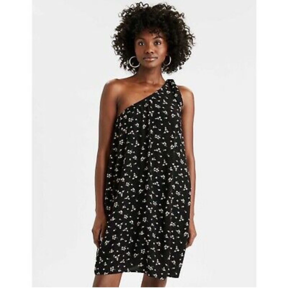 American eagle one shoulder black dress with pink floral design. Size large
